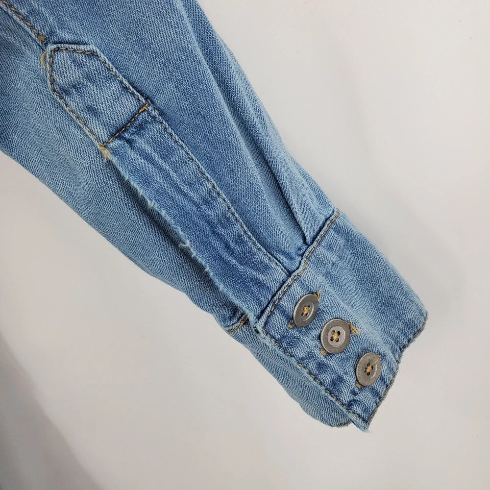 Free People Blue Denim Cotton Linen Button Front Midi Shirt Dress Medium Western - Picture 7 of 13